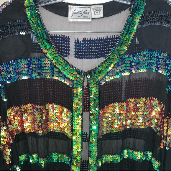 Vintage Judith Ann 100% Pure Silk Black and Multicolour Sequin Jacket 2X - Picture 4 of 9